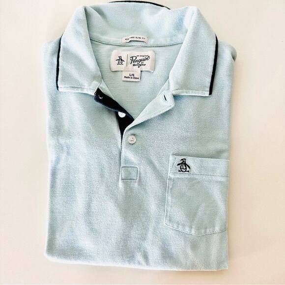 MENS ORIGINAL PENGUIN Navy Light Blue Casual Button Polo Short Sleeve Shirt M - Picture 8 of 8